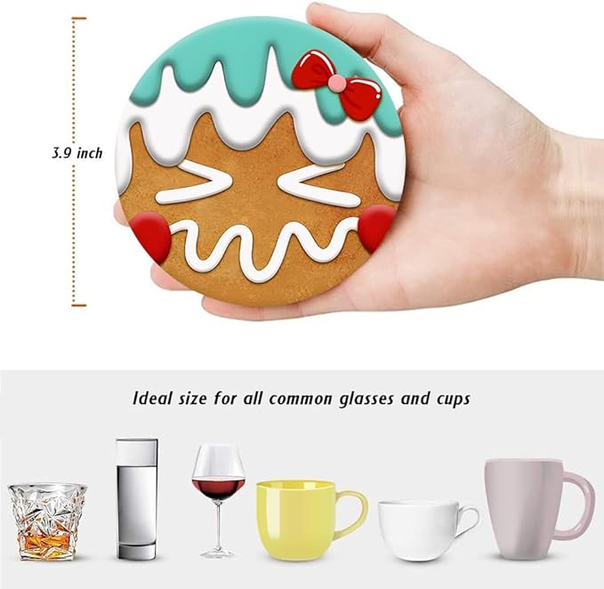 Christmas Absorbent Coasters with Holder Set of 6, Ceramic Stone with Cork Base, Cute Gingerbread Man Coaster for Drinks, Gift for Housewarming Room Bar Home Decor Kitchen