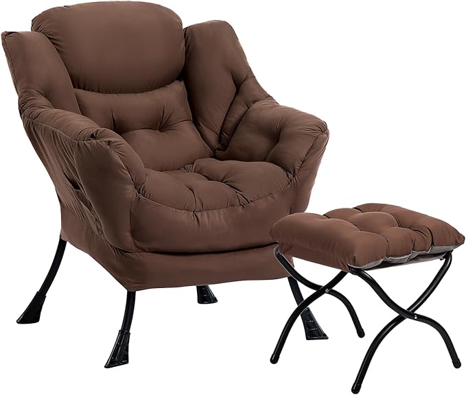 HollyHOME Fabric Lazy Chair with Foldable Ottoman, Accent Comfy Lounge Arm Chair and Folding Footrest Stool Set, Leisure Sofa Reading Chair and Footstool for Living Room, Bedroom, Dorm, Coffee Brown