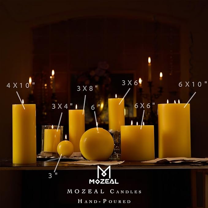 MOZEAL Hand-Poured, 3 Inch Yellow Round Ball Candles - Elegant Yellow Round Pillar Candles Set of 3, Dripless, Unscented, Smokeless, Ideal for Spring and Summer Parties.