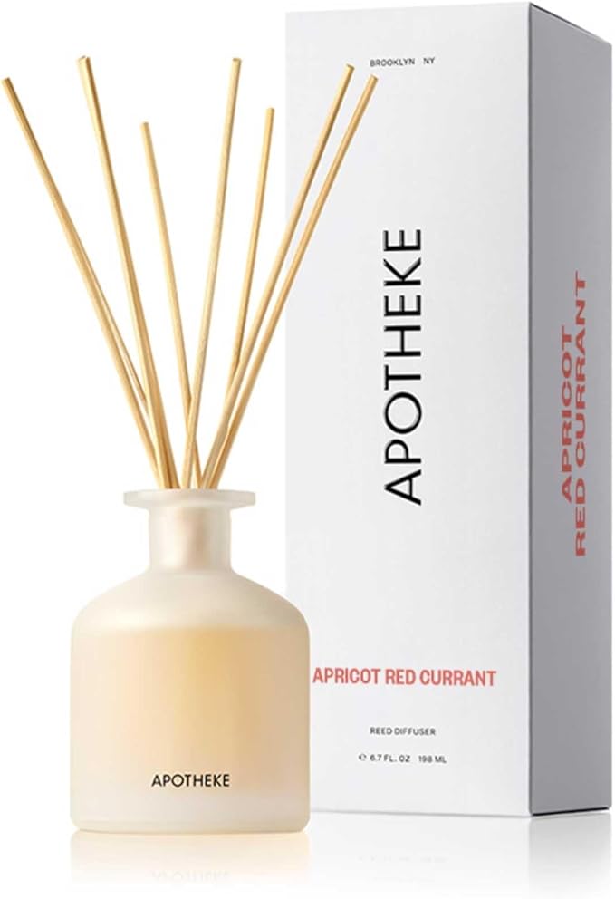 Apotheke Luxury Scented Reed Diffuser for Home, Apricot Red Currant - 6.7 Fl Oz Essential Oil Aromatherapy - 10 Rattan Scent Sticks Room Diffuser - Long-Lasting Fragrance for Bedroom, Home, Bathroom
