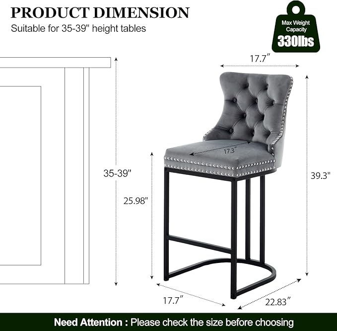 UVV Counter Height Bar Stools Set of 2, 26" Modern Barstools with Back, Velvet Upholstery Counter Chairs with Metal Legs for Kitchen Island, Bar, Counter, Gray