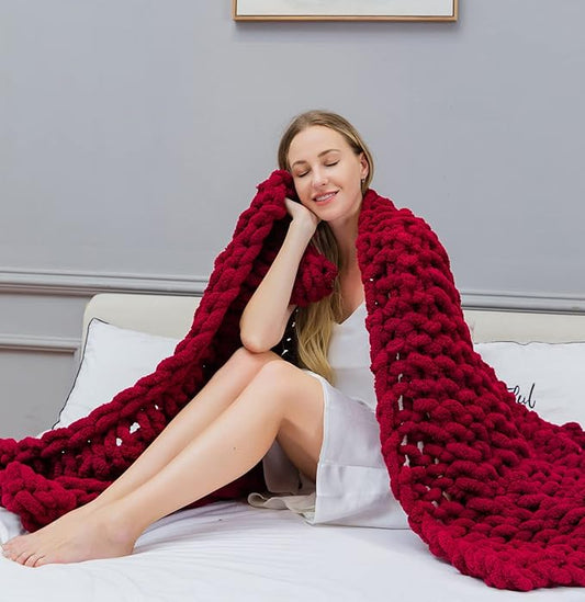 clootess Chunky Knit Blanket Chenille Throw - Warm Soft Cozy for Sofa Bed Boho Home Decor (Red 40x60 in)