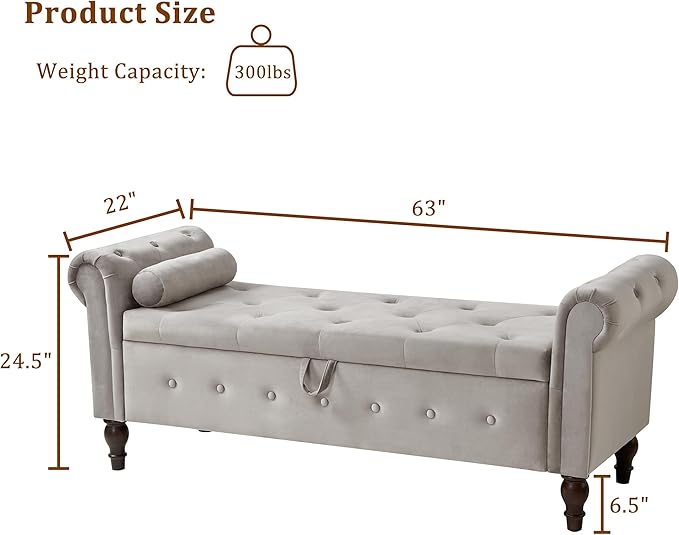 Modern Upholstered Storage Ottoman Bench, Velvet 63-inch Storage Bench with Rolled Arms for Bedroom End of Bed, Button-Tufted Ottoman with Storage for Living Room, Entryway, Gray