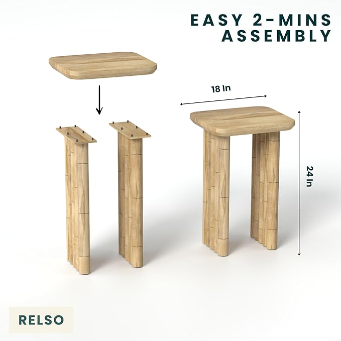 Bambos End Table | Sold Mango Wood Bedside Table, Natural Finish Side Table for Living Room, Bedroom, Entryway | Handcrafted Nightstand, Easy Assembly, Bamboo Inspired Legs, Compact, Boho Accent Table