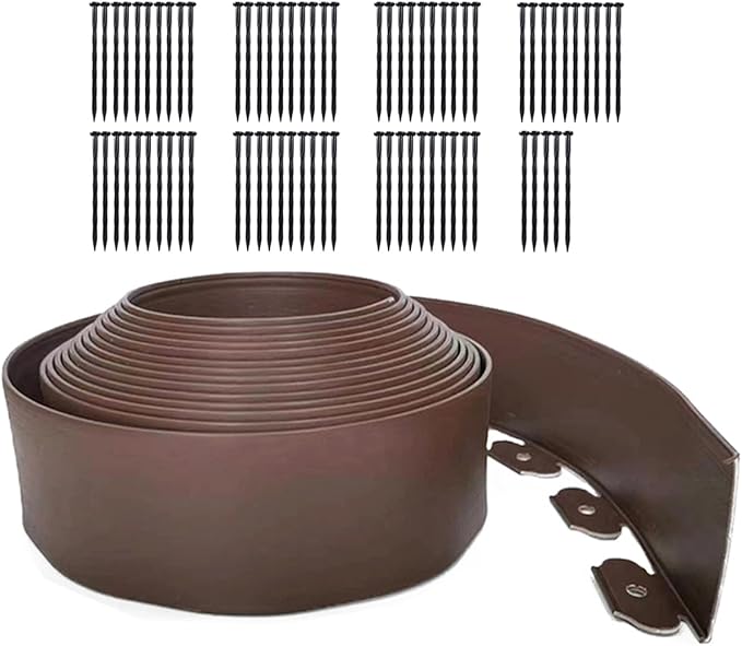 49FT Landscape Edging, 4 in Tall Garden Edging Borders with 75 Spikes,Flexible Lawn Edging Plastic Borders for Garden, Flower Beds, Pavement-Brown