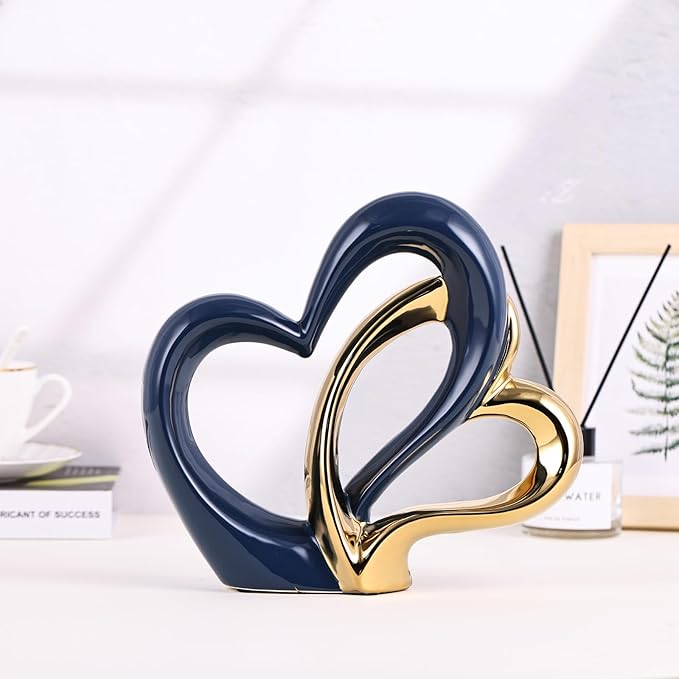 Ceramic Heart Decor Love Statue, Navy Blue Gold Double Hearts Sculptures for Home Table Centerpiece Decor, Valentine, Wedding, Decorative Items for Shelves, Coffee Table Decor (Double Heart)