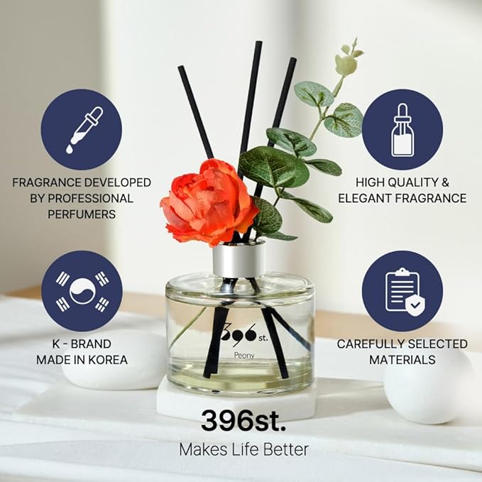 396 st. Peony Flower Reed Diffuser, Vanilla Lavender, 200ml(6.7oz) / Reed Diffuser Sets, Home Fragrance, Scented Oils, Home & Bathroom Décor