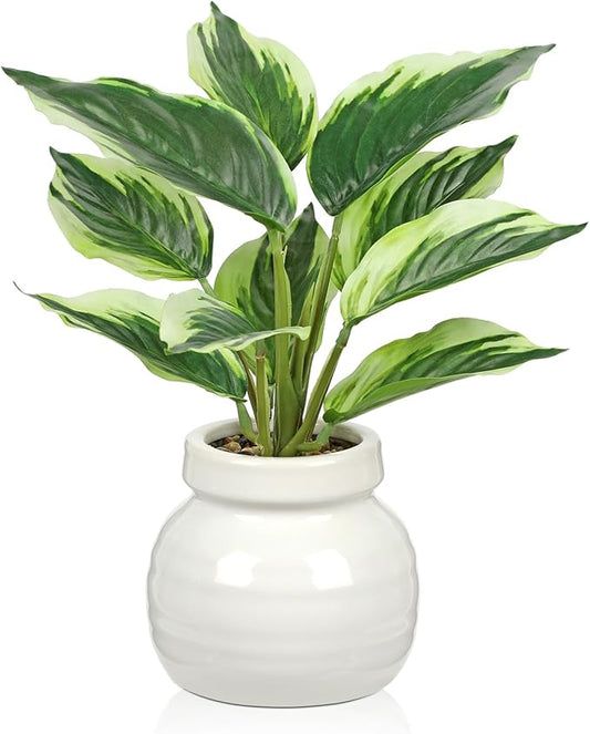 Small Fake Plants Indoor 11 Inch Potted Plant Artificial Decor 10 Leaves Faux Plant with White Ceramic Pot Silk House Plants for Home Office Bathroom Kitchen Farmhouse Table Centerpieces Shelf Decor
