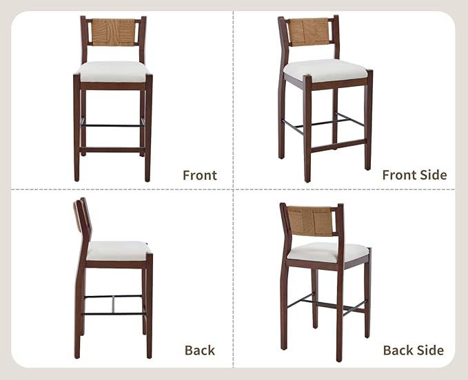 CIMOTA Rattan Counter Height Bar Stools Set of 2, 26" Boho Barstools with Woven Backs, Mid Century Walnut Wood Bar Stool Chairs Sherpa Upholstered Counter Stools for Kitchen Island/Counter/Bar,White