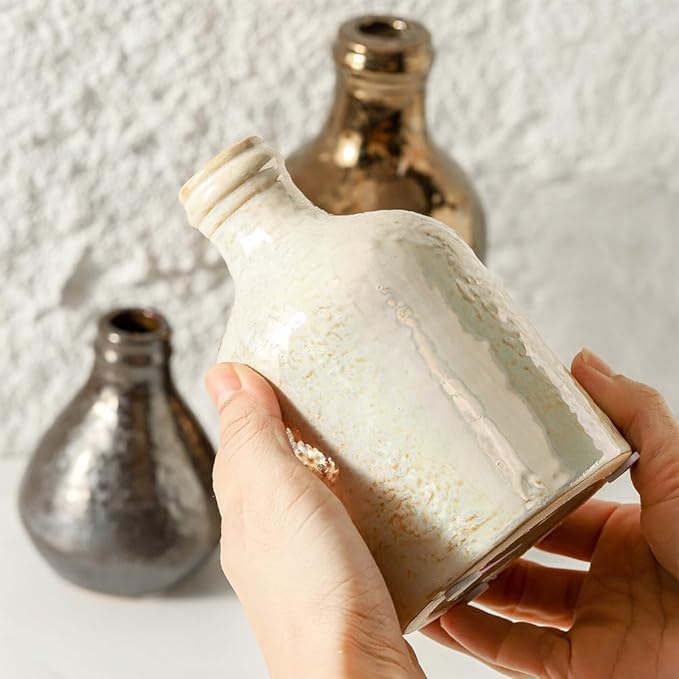 Ceramic Vase Set of 3 | Decorative Vases Home Decor | Flower Pampass Boho Modern Neutral Vase for Living Room, Table, Mantel, Entryway, Bookshelf, Kitchen, Bedroom, Bathroom - Multicolor