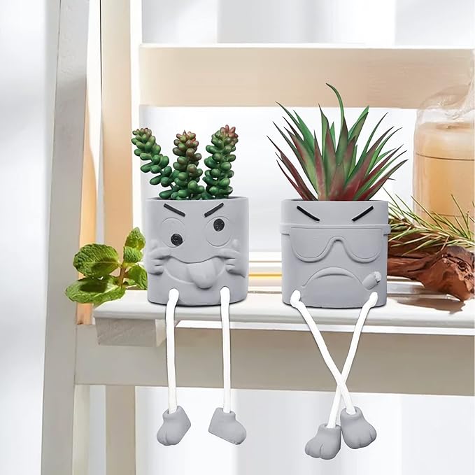 2PCS Artificial Mini Succulent Plants, Cute Fake Plant Faux Succulents in Grey Pots, Artificial Plants with Hanging Leg Potted for Home Office Desk Shelf Bathroom Decor