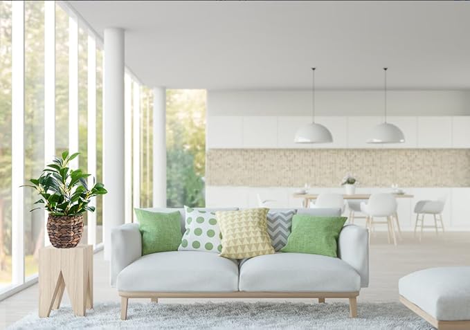 Artificial Vibrant Plants 14.2 inches Tall Fake Outdoor Greenery Plants with Ficus Leaves in Brown Rattan Planter for Indoor Home Office Garden Modern Decoration Ideal Housewarming Gift