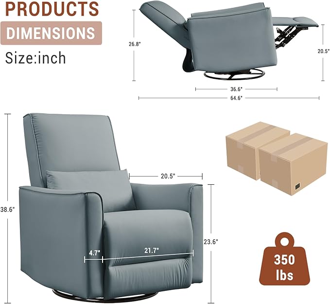 GarveeHome Recliner Chair, 360° Swivel Rocker Glider Nursery Chair with Padded Armrest and Deep Seat, PU Leather Upholstered Reclining Sofa Chair for Living Room, Bedroom and Nursery (Gray)