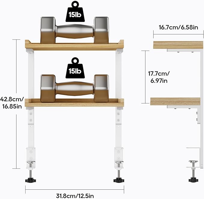 Clamp On Desk Shelf 2-Tier, 12.5 inch Wood Shelving Unit for Office Desk/Gaming Accessories, Tabletop Book Storage Rack, Shelf for Top & Under of Desk, Natural