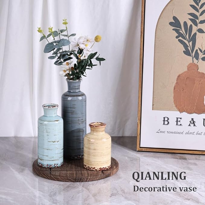 Ceramic Vase Set of 3, Small Flower Vases Home Decor, Modern Rustic Farmhouse Pottery Vases for Centerpieces, Living Room, Kitchen, Shelf, Bedroom, Bathroom, Fireplace, Table Shelf and Entryway Decor