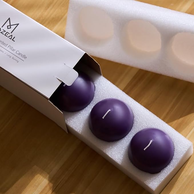 MOZEAL Hand-Poured, 3 Inch Purple Round Ball Candles - Elegant Purple Round Pillar Candles Set of 3, Dripless, Unscented, Smokeless, Ideal for Spring Celebrations.