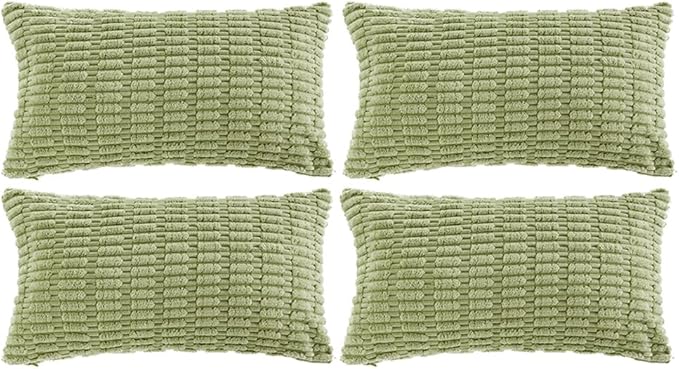 Fancy Homi 4 Packs Sage Green Decorative Throw Pillow Covers 14x24 Inch for Living Room Couch Bed Sofa, Rustic Farmhouse Boho Home Decor Soft Plush Striped Corduroy Square Cushion Case 35x60 cm