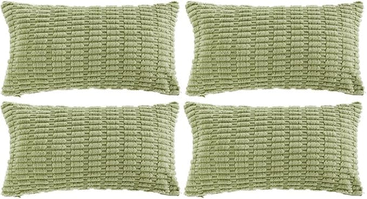 Fancy Homi 4 Packs Sage Green Decorative Throw Pillow Covers 12x24 Inch for Living Room Couch Bed Sofa, Rustic Farmhouse Boho Home Decor Soft Plush Striped Corduroy Square Cushion Case 30x60 cm