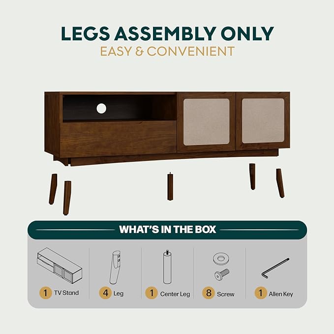 Bme Calista TV Stand 1 Drawer 2 Door – Chestnut Finish Media Console with Open Shelf & Fabric Panel Doors, Mid-Century Modern Style with Tapered Legs, Easy Assembly
