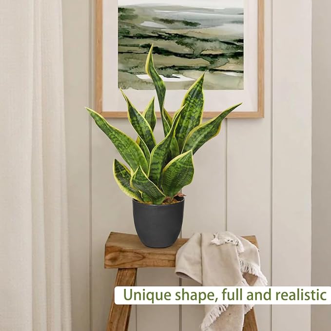 Artificial Snake Plant 11 Inch Small Potted Good Luck Plant Fake Snake Plants Faux Mother In Law Tongue Sansevieria Plant - Fake Laurentii for Indoor Outdoortall Fake Tropical Plant Home Office Decor
