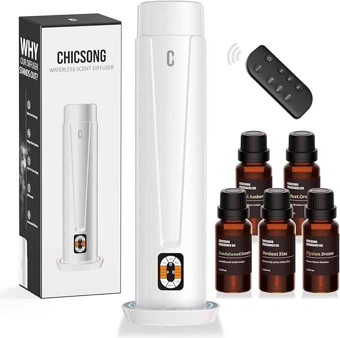 Waterless Scent Diffuser – 1200 Sq Ft Coverage, Essential Oil Diffuser with Remote Control, Quiet Aromatherapy Diffuser with LED Light & Timer, Scent Air Machine for Home, Office, Hotel