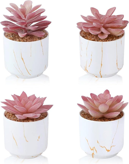 Succulent Artificial Plants,Cute Fake Succulents in 4 White Ceramic Pots,Small Fake Plants for Office,Table,Desk,Bathroom, Bedroom,Aesthetic Room Shelves Decor,Desk Decorations for Women Office