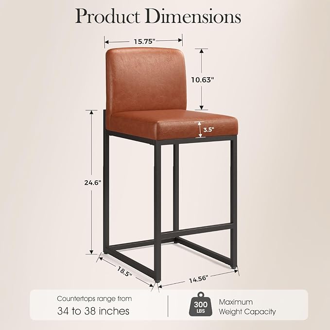 Sophia & William Brown Bar Stools Set of 2, Counter Height 24" Bar Stools for Kitchen Island, Modern Leather Barstools with Back