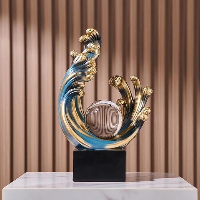 Modern Abstract Decorative Wave Statue, Blue Abstract Art Home Decor,Crystal Ball Art Wave Resin Sculpture, Office Desk Stand, Dining Table Center Decorative Aesthetics(A,Blue)