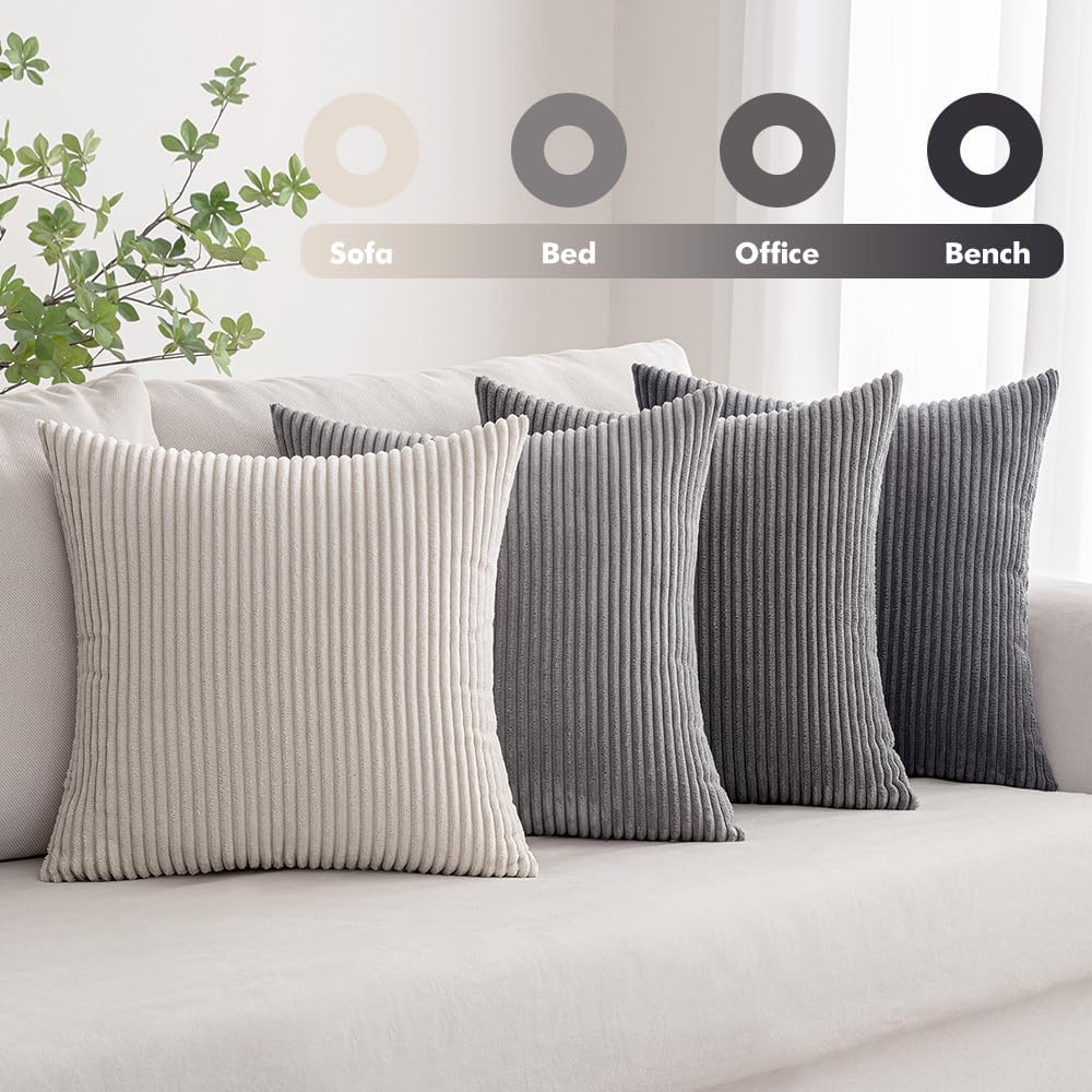 MIULEE Pack of 4 Neutral Grey Gradient Decorative Throw Pillow Covers 18x18 Inch Soft Boho Striped Corduroy Pillow Covers Modern Farmhouse Home Decor for Sofa Living Room Couch Bed
