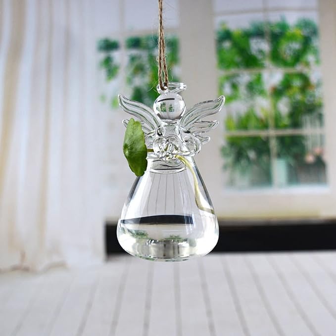 Angel Design Glass Vases Clear Flower Plant Terrarium Container Hanging Vase Wedding Decor Garden Ornaments Hanging Planter (Pack of 8)