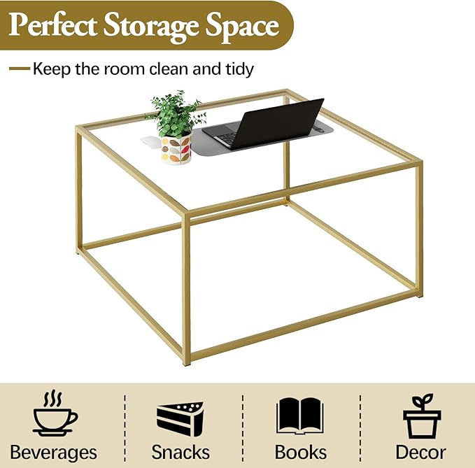 Glass Coffee Table, Small Square Coffee Table for Living Room,Simple Modern Center Tables for Small Spaces, Gold Living Room Tea Tables Easy Assembly,26 * 26in（Gold & Clear Glass）