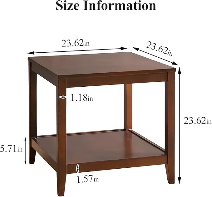 Side Table, Solid Wood Square End Table with Storage Shelf, 2-Tier Coffee Table for Living Room, Rubber Wood Small Sofa Table, Nightstand 23.62 H x 23.62 W x 23.62 D Inches (Walnut)