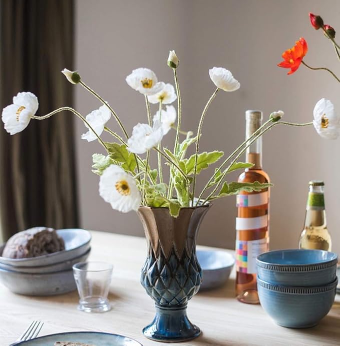 Artificial Poppy Flowers, 5 Bundles Faux Poppies with Stems for Floral Arrangements - Wedding, Home, Office, Party Table Centerpiece Decor (White)