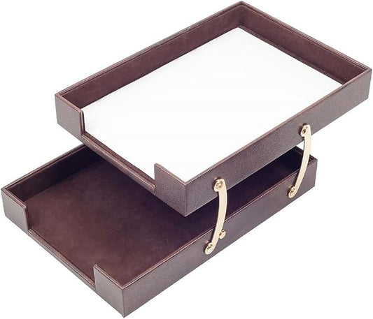 Leather Document Tray Double-Desk Organizer-Office Accessories-Desk Accessories-Office Supplies-Office Organizer - Office Gifts (Brown)