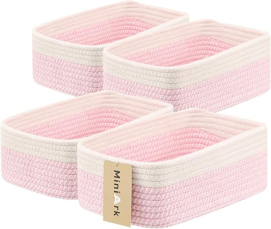 Small Storage Baskets for Organizing | Closet Organizer Bins | Shelf Toy Basket | Woven Rope Baskets | Cube Decorative Box | Shallow Basket | 11.5x7.5x4.7” | 4 Packs White Pink
