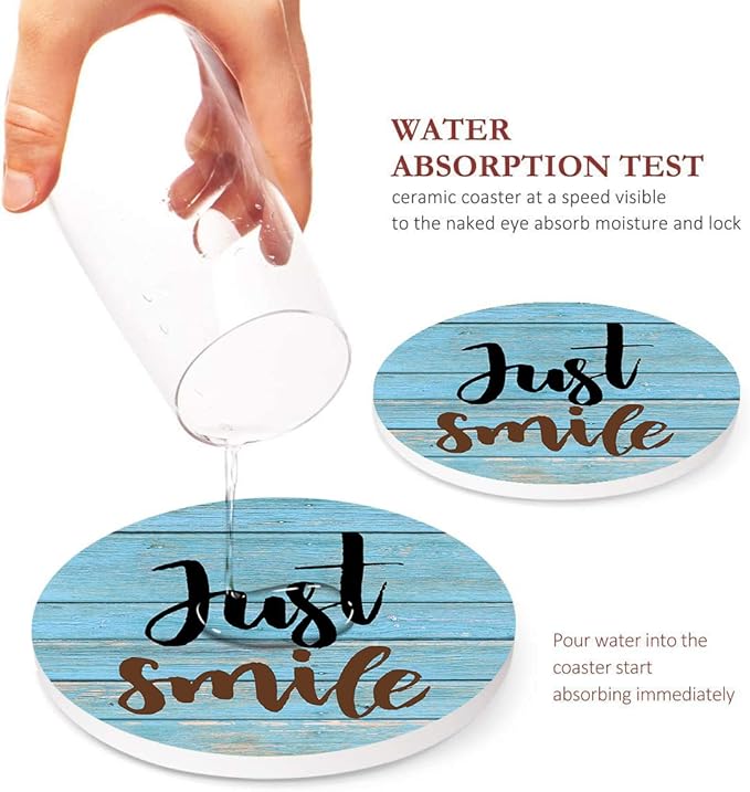 Britimes Coaster for Drinks Set of 6, Just Smile Colorful Inspiration Day Absorbent Round Ceramic Stone Mat, with Cork Base and Metal Holder, Gift for Housewarming Room Bar Decor