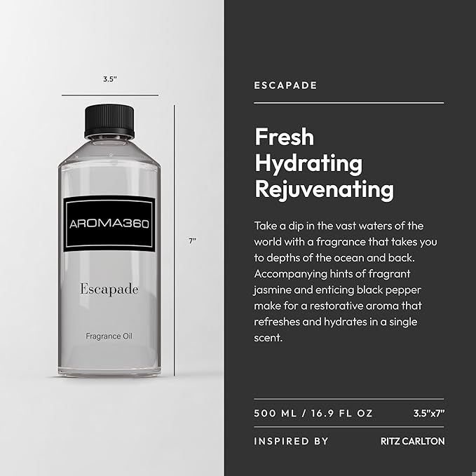 Aroma360 - Escapade Fragrance Oil Scent - Luxury Aromatherapy Scent Diffuser Oil - Hints of Lemon, Ocean, Bergamot, & Fragrant Jasmine - for Essential Oil Diffusers - for Home & Office - 500mL