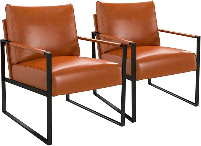 Phoenix Home PU Leather Accent Chair Set of 2, Leisure Metal Framed Armchair with Extra Soft Padded and Cushion, 105 Degree Slant Back, Modern Reading Arm Chair for Living Room/Office/Bedroom， Brown