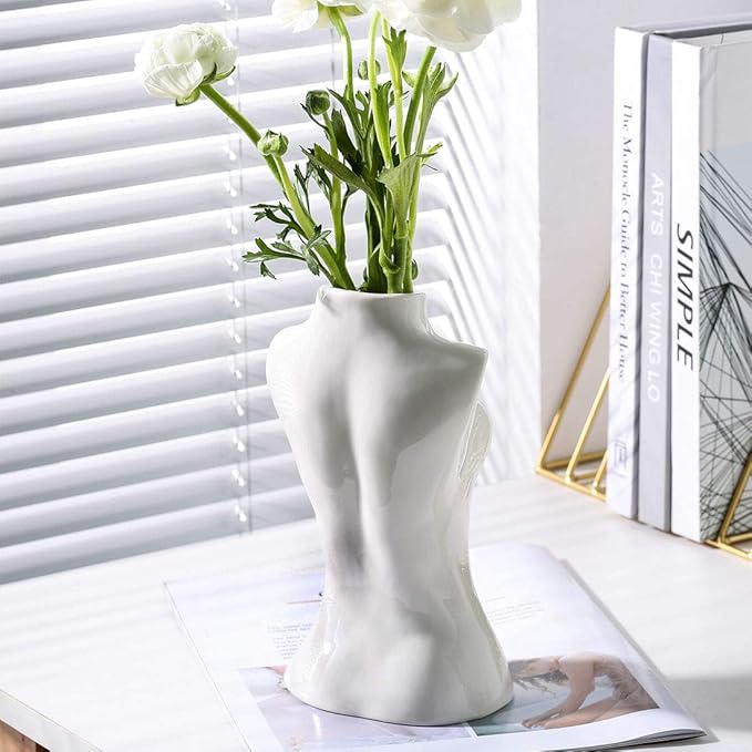 hjn Female Body Vase- Flower Vase fo Decor, White Ceramic Vase for Flowers,Morden Art Vase Woman Shape Vase for Living Room/Home Decor Accents/Bookshelf/Mantel-White