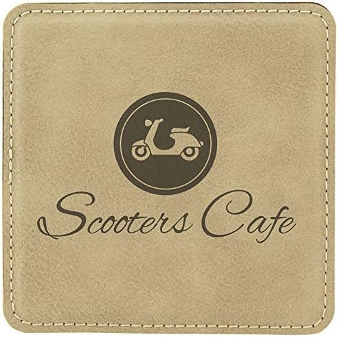 Custom Engraved Coasters | Personalized Leather Coaster | Set of 6 | Drink Coasters with Holder | Laser Engraved | Tabletop Protection | Gift for Couples (Square 4" x 4", Light Brown w/Black)