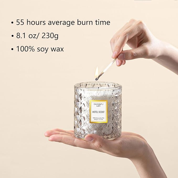 Chloefu LAN Hotel Scented Candle Natural Essential Oil, Luxury Scented Soy Jar Candle Gifts, Highly Scented, 8.1oz, Unique Blend to Promote Sleep & Relieve Stress