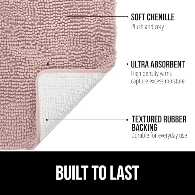 GORILLA GRIP Bath Rug Mat 60x24, Soft Absorbent Chenille, Quick Dry Microfiber Mats, Rubber Backing Washable Shower Floor Rugs, Bathmat Runner, US Designed Bathroom Home Decor Accessories Dusty Rose