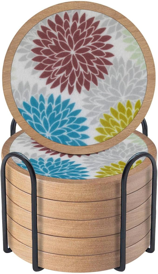Wood Coasters Set of 6 with Holder, Cewiru Cup Mat for Drinks, Absorbent Coasters with Felt Insert for Coffee Table Protection, Modern Style Home Dining Table Decor, 4.3" Colorful