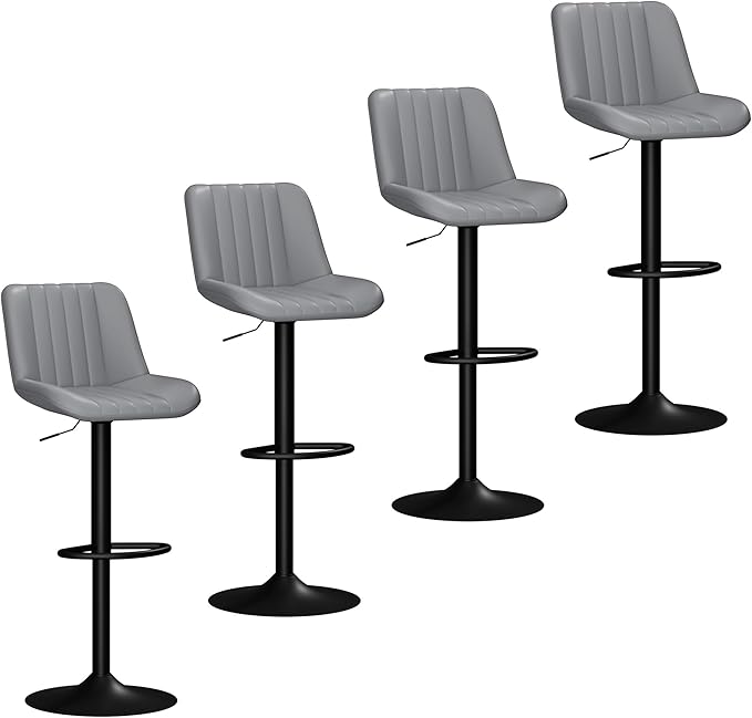 JAMFLY Bar Stools Set of 4, Swivel Bar Height Chairs Set of 4, Adjustable Tall Leather Bar Stools for Kitchen Island, Grey