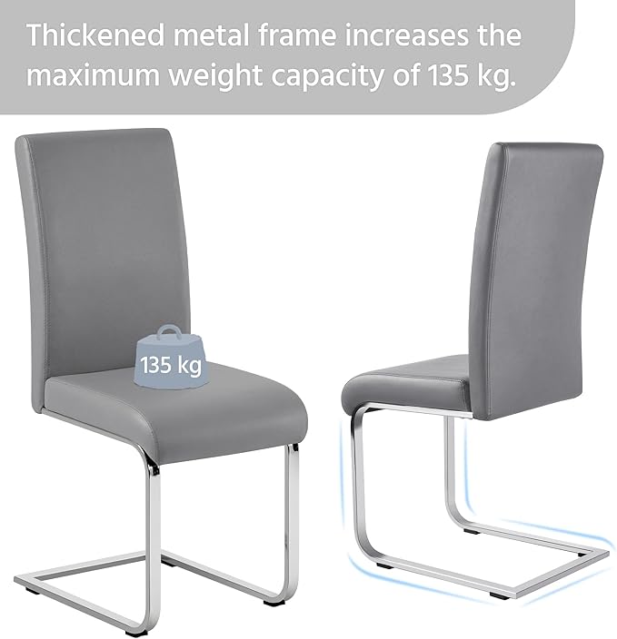 Yaheetech Dining Chairs Set of 2 Modern Faux Leather Upholstered Dining Room Chairs with High Back and Metal Chrome Legs for Kitchen/Living Room/Restaurant, Light Gray
