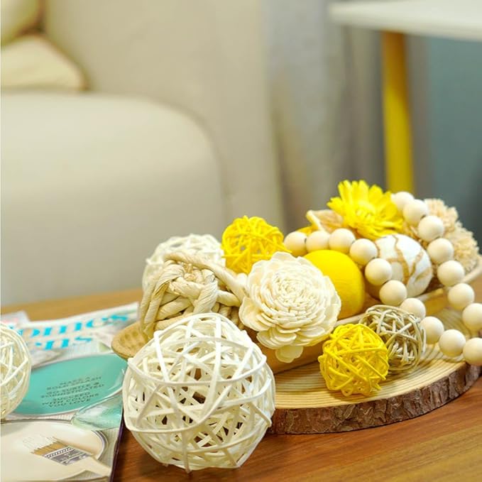 Qingbei Rina Yellow Decorative Balls for Bowls,Assorted Vase Filler for Centerpieces,Wicker Rattan Balls Decorative Orbs Woven Spheres,Summer Bowl Fillers for Home Decor,Wedding(Lemon)