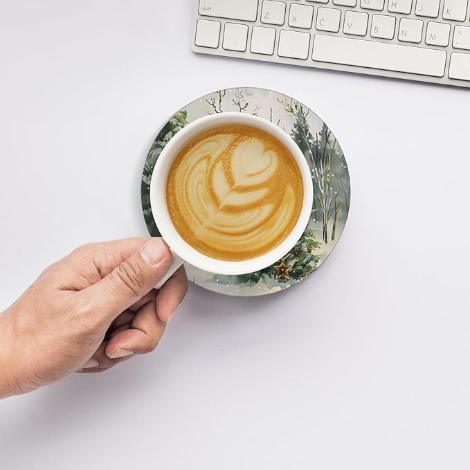 Winter Christmas Tree Coasters for Drinks Red Bell Absorbent Ceramic Coaster Set of 4 for Coffee Table Cup Bar Coasters with Cork Base Round Stone Mats Holiday Housewarming New Home Decors