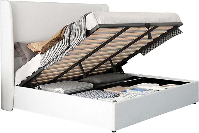 Jocisland King Size Bed Frame with Storage - Upholstered Lift Platform Bed, Wingback Headboard, Hydraulic System, No Box Spring Needed, Wood Slats Support, White