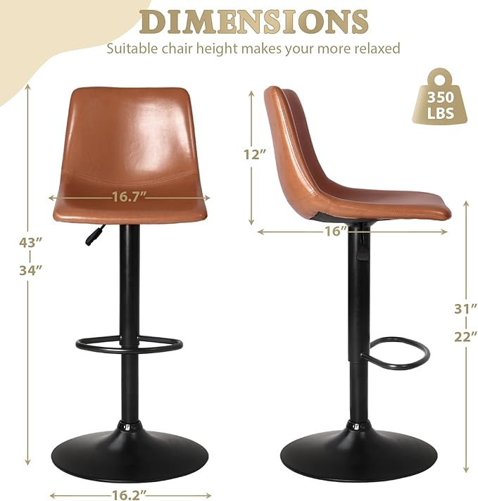 LEMBERI Bar Stools Set of 2 Modern Swivel Barstools Counter Height with Backrest, Faux Leather Upholstered Bar Chairs for Kitchen Island, Brown