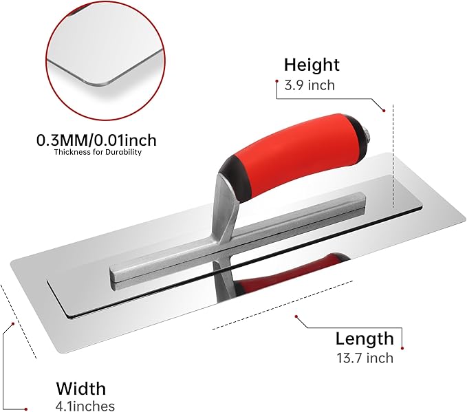Professional Drywall Finish Trowel - 13.7x4.1 Inch Stainless Steel Blade with Ergonomic Grip, Flawless Smoothing, Precision Edging & Durability for Contractors & DIY Projects